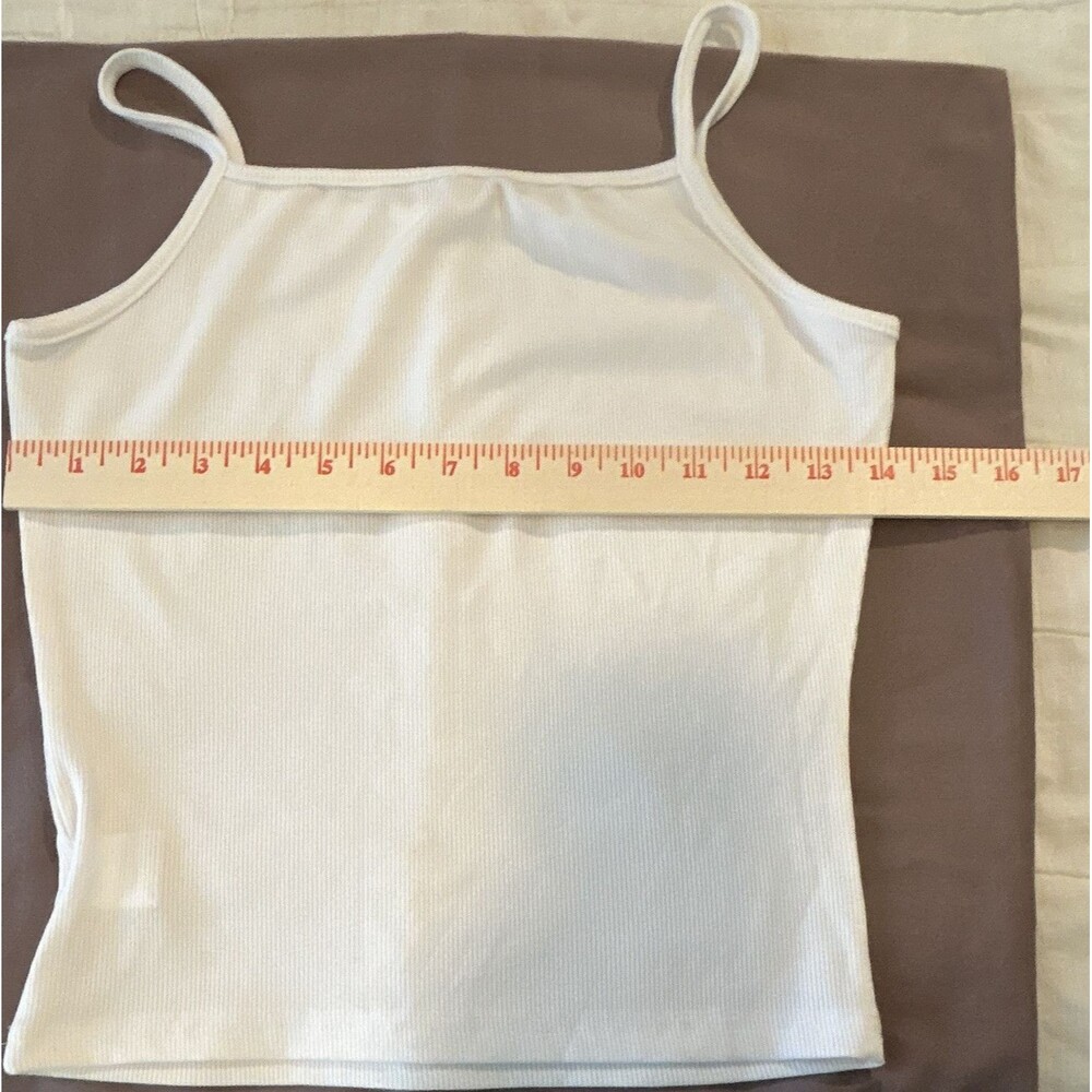 Women’s White Ribbed Knit Stretch Spaghetti Strap Square Neck Cami S 0017